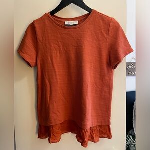 NWOT Loft Burnt Orange Ruffle Hem Mixed Media Short Sleeve Top XS